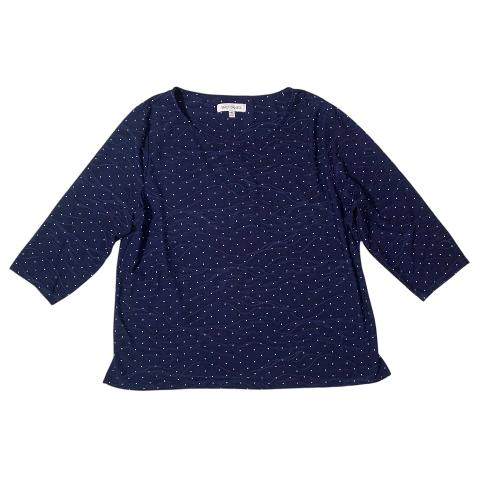 Emily Daniels PXL Blue White 3/4 Sleeve Women Polka Dot Top Stretch  Shirt XL